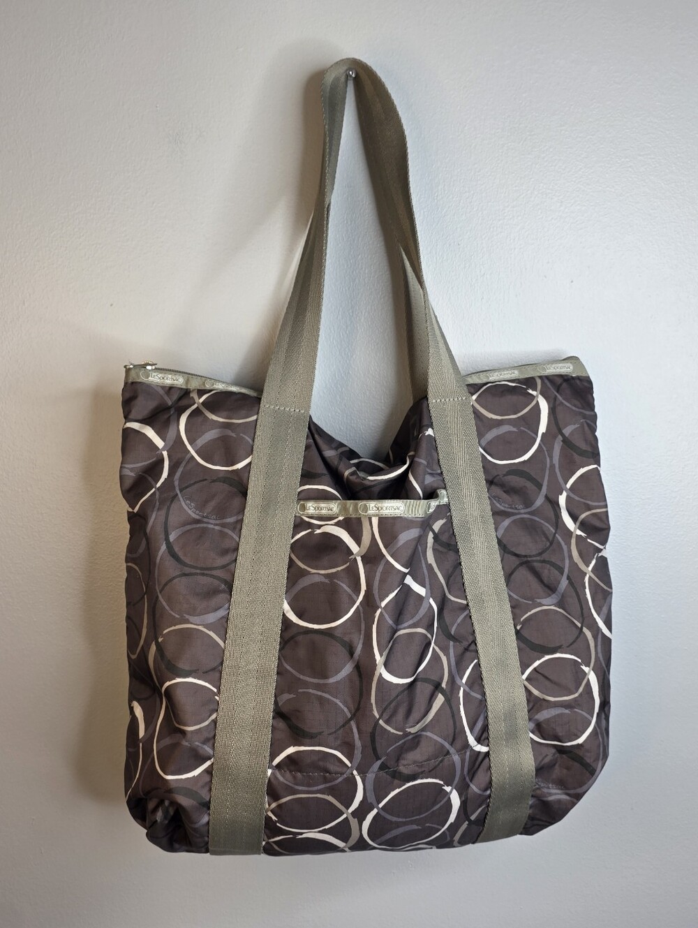 Lesportsac Circle-Print Tote in Brown and Cream